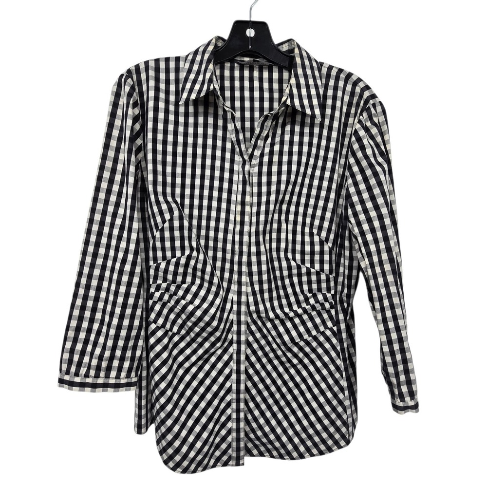 Lafayette 148 NY Leigh Gingham Check Shirt Womens Sz 8 Black White Preppy Picnic